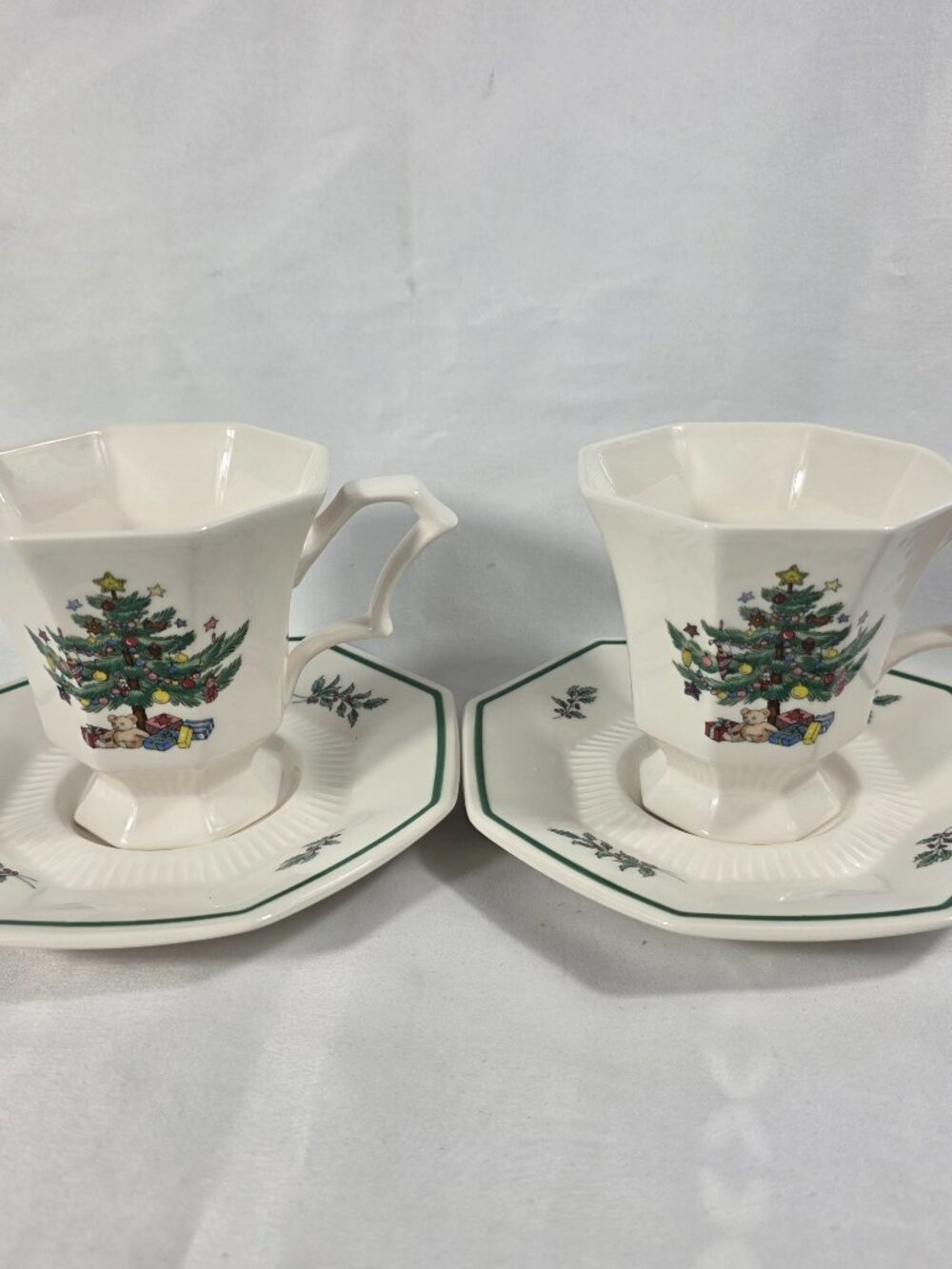 TWO Nikko Christmastime Cup & Saucer Sets White Decorated Christmas Tree